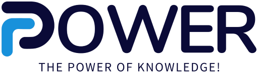 Logotipo azul y negro de Power con el lema "The Power of Knowledge".