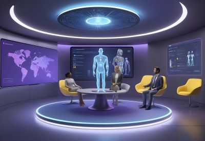 Reunión sobre inteligencia artificial y transformación digital en un entorno futurista con hologramas y tecnología avanzada.